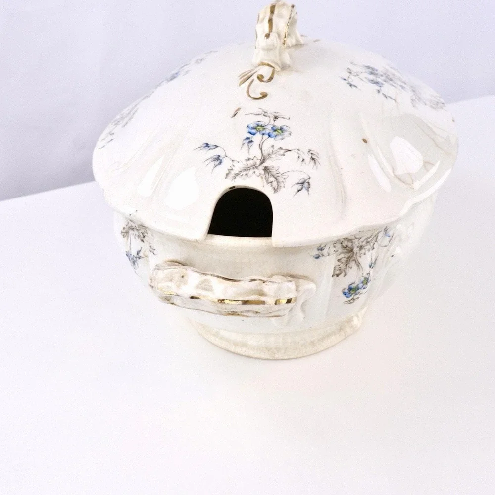 Antique White Ironstone Soup Tureen with Lid - Blue Floral, Hand Signed Base